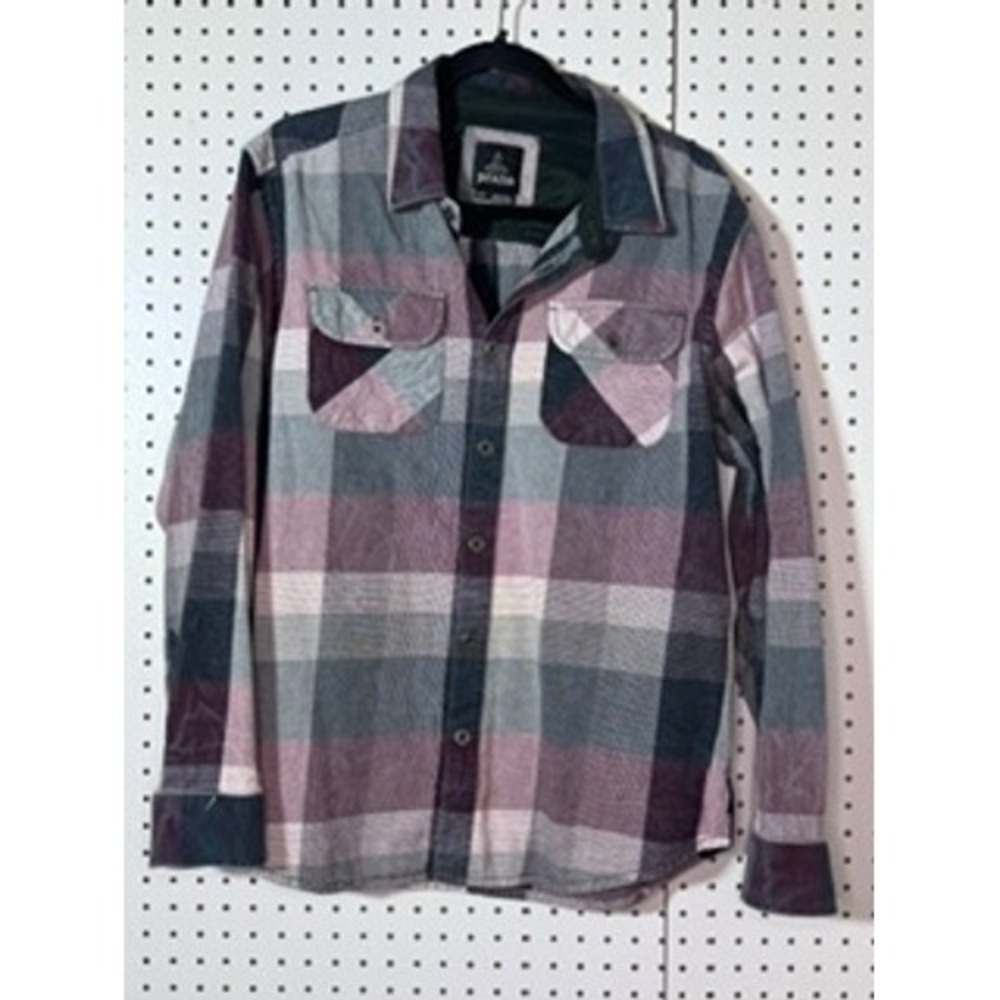 Prana‎ Womens Flannel Button Down Shirt Plaid Long Sleeve Plum Grey Size Medium